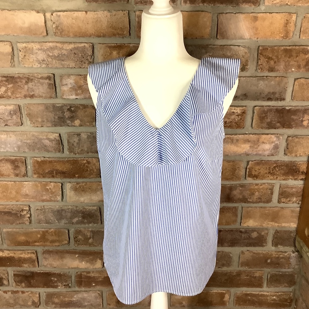 J. CREW Ruffled Neck Striped Sleeveless Top